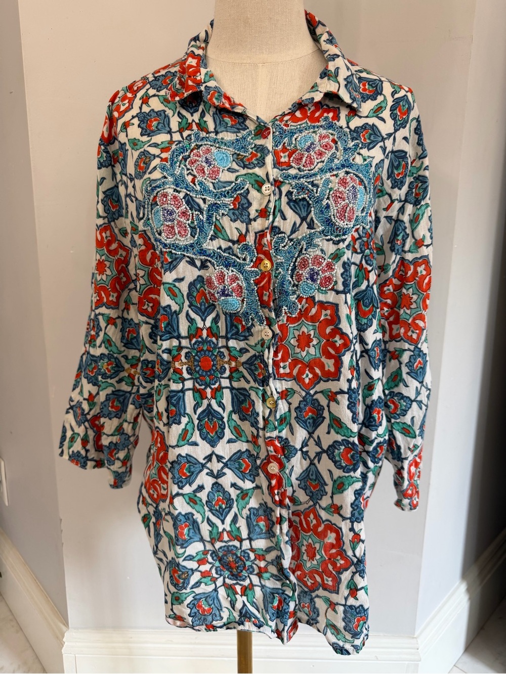 Antica Sartoria by Giacomo Cinque Women’s Large 100% Cotton beaded printed top